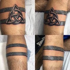 two men's armbands with celtic designs on them, one is black and the other is grey