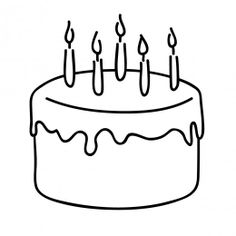 a black and white drawing of a birthday cake with lit candles on it's top