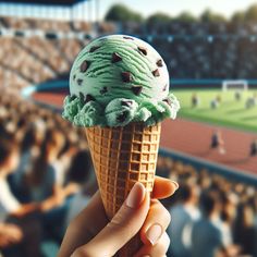 a hand holding an ice cream cone with chocolate chips on it in front of a stadium