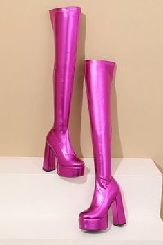 Heel height: 13cm Shaft height: 58cm Metallic finish Platform sole Inside zip Over the knee length High block heel Closed square toe Polyurethane Knee-high Boots With Round Toe For Party, Polyurethane Platform Knee-high Boots For Party, Square Toe Faux Leather Knee-high Boots For Party, Faux Leather Square Toe Knee-high Boots For Party, Square Toe Knee-high Boots For Party, Party Knee-high Boots With Platform And Square Toe, Square Toe Platform Knee-high Boots For Party, Wide Calf Thigh-high Platform Boots For Party, Fitted Polyurethane Platform Boots