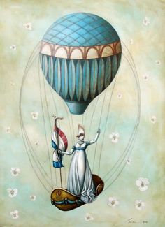 a painting of a woman flying in a hot air balloon with a flag on it