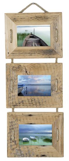 three wooden frames with boats on the water