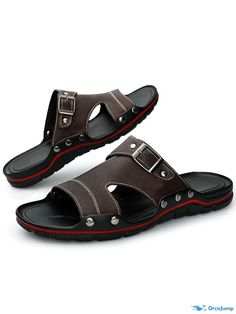 OrcaJump - Premium Slip-On Sandals: Genuine Cowhide with Durable Rubber Sole Non-slip Leather Slides, Brown Non-slip Open Toe Sport Sandals, Leather Slides With Non-slip Round Toe, Casual Sandals With Buckle Closure And Toe Post, Casual Toe Post Sandals With Buckle, Casual Toe Post Sandals With Buckle Closure, Non-slip Leather Toe Post Sandals, Casual Slide Slippers With Buckle Closure, Outdoor Slides With Buckle Closure And Round Toe