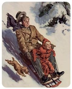 an old man and young boy are sledding in the snow with their dog