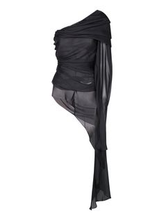 This elegant REV top boasts an enchanting asymmetric cut, wrapped in high-quality black silk that plays with transparency for a sophisticated and seductive effect.Composition: 100% Silk Luxury Black Draped Skirt With Asymmetrical Hem, Luxury Silk Top With Asymmetrical Neckline, Luxury Asymmetrical Daywear Tops, Luxury Black Draped Blouse, Luxury Asymmetrical Draped Skirt For Night Out, Luxury Elegant Asymmetrical Tank Top, Luxury Asymmetrical Tops For Daywear, Luxury Asymmetrical Tops For Fall, Luxury Black Tops With Draped Sleeves