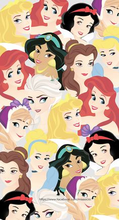 an image of disney princesses with different hair colors and expressions on them, all looking like they're from the same era