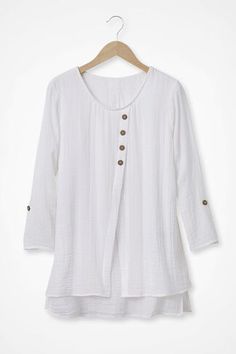 Stylish Misses Clothing & Apparel | Coldwater Creek Coldwater Creek Outfits, Thigh Sleeve, Gauze Tunic, Pink Charm, Shell Buttons, Coconut Shell, Comfort Wear, Coldwater Creek, Long Blouse