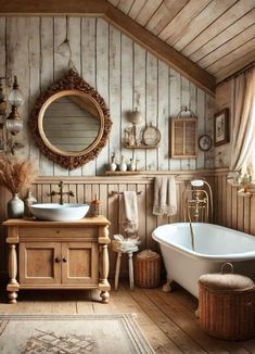 an old fashioned bathroom with wood paneling and white bathtub, sink, mirror, and rug