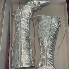 Metallic Cagole Balenciaga Boots Size 37.5 Worn Once! Light Scuffs At The Bottom Of Heel Due To The One Wear. Excellent Condition. Comes With Box, Dust Bag, And Receipt. Obo! Designer Pointed Toe Boots For Galas, Designer Ankle Strap Boots For Party, Designer Closed Toe Heeled Boots For Party, Designer Lace-up Party Boots, Designer Lace-up Boots For Party, Balenciaga Boots, Shoes Balenciaga, Balenciaga Shoes, Balenciaga