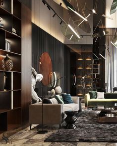 a living room filled with lots of furniture next to a tall book shelf full of books