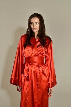 Ankle length, wrap-over style, with two sets of inside ties. One tie is included. Material Composition: polyamide 60%, viscose 20%, polyester 10%, silk 7%, elastane 3% Red Silk Robe, Obi Style, Women Silk Robe, White Bridal Robe, Satin Dressing Gown, Luxury Robes, Kimono Dressing Gown, Sheer Robe, Silk Pajamas Women