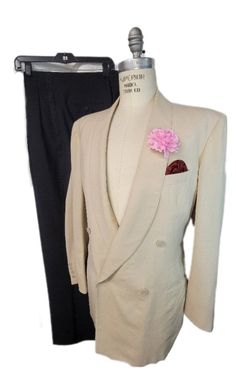 Ladies and Gentlemen, elevate your style with this men's beautiful double breasted shawl collar dinner jacket, looks like Dupioni Silk but not sure. Beautiful color at times it has pinkish undertones, just gorgeous. Comes with lightweight trousers. Crafted from high-quality materials, this combination is the perfect addition to your wardrobe. If your looking for something different this classic design makes it the perfect black tie ensemble.  A must-have for any fashion-forward individual who wa Classic Double Breasted Suit For Spring Wedding, Spring Double Breasted Suit With Pockets For Formal Occasions, Classic Double Breasted Wedding Suit For Spring, Classic Double Breasted Suit For Spring, Classic Spring Double Breasted Suit With Pockets, Classic Spring Double Breasted Suit, Dinner Jacket, Dupioni Silk, Long Trousers