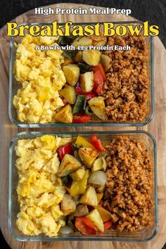 Tex-Mex breakfast scramble bowls with spicy chicken sausage crumbles and roasted veggies. The recipe makes 8 bowls with 42g of protein each!  ... less Low Calorie Breakfast Bowl, Cheap High Protein Dinner, Prep Breakfast Bowls, Meal Prep Breakfast Bowls, Breakfast Bowl Ideas, Cut Meals, Potatoes Peppers And Onions, Premade Breakfast, Ideas For Meal Prep