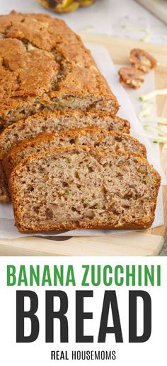 banana zucchini bread on a cutting board with text overlay