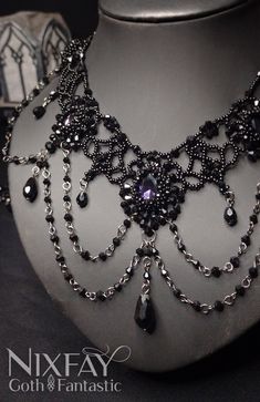 Gothic Beaded Jewelry For Evening, Black Fantasy Necklaces For Parties, Gothic Beaded Wedding Jewelry, Gothic Jewel Necklaces For Party, Gothic Jeweled Necklaces For Parties, Gothic Necklaces With Jewels For Party, Gothic Black Beaded Jewelry For Party, Gothic Handmade Evening Jewelry, Handmade Gothic Jewelry For Party