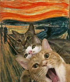 three cats sitting on top of a painting with their mouths open and one cat yawning