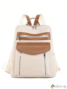 BirdinBag - Versatile Two-Tone Backpack for Students: Ideal for College, High School, and Outdoor Adventures Trendy Beige Travel Backpack, Casual Beige Backpack With Zipper Closure, Beige Shoulder Bag With Zipper For Back To School, Beige Shoulder Bag With Zipper Closure, Cream Backpack With Zipper For Back To School, Cream Backpack With Zipper Closure For Back To School, Beige Large Capacity Leather Backpack For School, Beige Backpack With Zipper Pocket For Back To School, Casual Cream Backpack With Zipper Closure