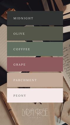 Colour palette with midnight, olive, green, dark pink, natural beige and blush pink. Mauve And Dark Green, Color Palette Olive Green Colour Schemes, Blush And Green Decor, Brand Pallete Canva, Scottish Color Palette, Plum Green Wedding, Green And Red Colour Palette, Olive Green And Pink Color Palette, Green Pink Colour Palette