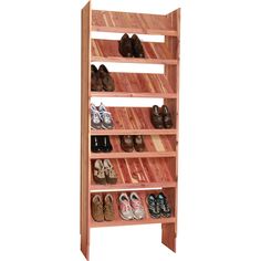 a wooden shoe rack with several pairs of shoes