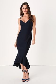 Cute Cocktail Dresses, Trumpet Silhouette, Blue Bodycon, Indie Clothing, Trumpet Dress, Dark Blue Dress, Wedding Guest Outfits, Perfect Little Black Dress, Womens Cocktail Dresses