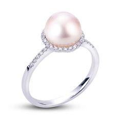 A lustrous Akoya cultured pearl is haloed by shimmering round diamonds in this timeless women's engagement ring. Even more shimmering round diamonds line the band to complete the look. Fashioned in 14K white gold, the total diamond weight of the ring is 1/5 carat. Akoya Pearl Ring, Cultured Pearl Ring, Pearl Engagement Ring, Jared The Galleria Of Jewelry, Pearl Types, Akoya Pearls, Womens Engagement Rings, Pearl Ring, Bridal Rings