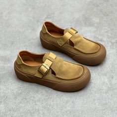 Handmade Leather Slip-on Shoes With Buckle Accents – Retrosia Shoes Unique, Leather Slip On Shoes, Round Toe Heels, Bag Dress, Heel Type, Color Khaki, Leather Slip Ons, Handmade Leather, Low Heels