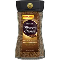 a jar of coffee beans with the words taster's choice on it, in front of a white background