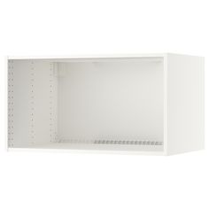 an empty white cabinet with shelves on both sides and no door for the shelf to be opened