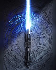 a star wars movie poster with a blue light saber on it's side and the words,