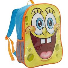 the spongebob backpack is yellow and has blue trim around it's eyes