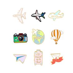 various stickers with different types of travel related items in them on a white background