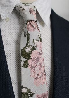 "The Perfect Wedding Tie <3 Each Handsome&Lace necktie is handmade with the idea of artfulness and tailoring in mind. This is not a sweatshop tie, I take personal satisfaction from creating these pieces one by one, with no shortcuts.   I hand crafted and stitched this dreamy wedding necktie from a very soft jacquard floral fabric in a very pale grey with blush and green florals in a larger print. This fabric was even pricier than silk!! (and rightfully so) .  I can't say enough about how much I Elegant Cotton Suit And Tie Accessories For Wedding, Silk Fitted Suit And Tie Accessories For Wedding, Fitted Silk Tie For Wedding, Elegant Patterned Tie With Floral Print, Elegant Spring Ties For Groom, Elegant Spring Wedding Ties, Elegant Floral Print Suit And Tie Accessories For Wedding, Elegant Fitted Neckwear For Spring, Classic Floral Print Wedding Tie