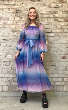 Vintage 70s Vera Mont Rainbow Dress 100% polyester M Measures: Length : 135cm / 53.14'' Bust: 42 cm / 16.52'' Waist : 35cm / 13.77'' Hip: 55cm / 21.65'' Arm's Length: 63 cm / 24.80'' Condition : very good Fitted Multicolor Chiffon Dress, 1970s Fitted Purple Dress, Fitted Multicolor Lined Maxi Dress, Fitted 1970s Style Purple Dress, Fitted Purple 1970s Style Dress, Retro Flowy Party Dress, Flowy Retro Party Dress, Blue Vintage Chiffon Dress, 1970s Style Maxi Length Lined Dress