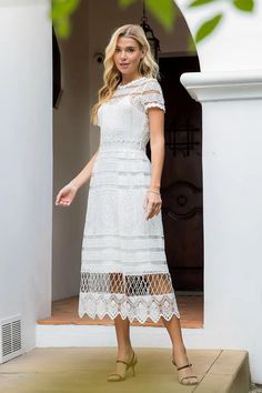 Off-white crochet midi dress featuring: High neck Short sleeves Back zipper Separate inner lining dress Charm Dress, Elegant Midi Dress, Crochet Midi Dress, Crochet Midi, Dresses Australia, Elegant Midi Dresses, Lace Midi, Lace Midi Dress, Feminine Look