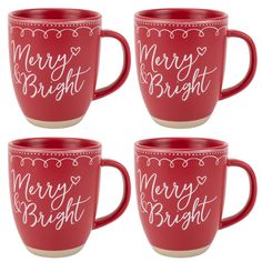 four red coffee mugs with merry bright written on them