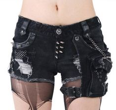 Edgy shorts #ripped #dark #spike #studded #chain Styl Goth, Punk Shorts, Gothic Pants, Punk Skull, Punk Rave, Estilo Punk, Gothic Outfits