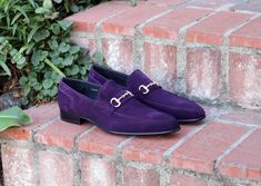 Style: 4240S-Purple Supple Suede slip-on Loafer from our Limited Edition Corrente collection features soft Calfskin lining, a Decorative Goldtone Bit, clean welt, and a full Leather Sole! Matching Belt Available. . Purple Leather Slip-on Loafers, Elegant Purple Leather Loafers, Elegant Purple Slip-on Loafers, Elegant Formal Purple Loafers, Elegant Purple Formal Loafers, Purple Loafers, Bridal Party Dress Ideas, Lavender Shoes, Purple Wedding Shoes