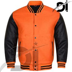 Varsity College Letterman Bomber baseball Vintage Retro Orange Wool & Black Leather Sleeve Jacket With White Trims   Brand Dawood Impex Color Orange/Black Trimming Color Orange/Black Size XS to 7XL (Customize)   If your required Size & Color Combination is not listed then please contact with us We will respond you as soon as possible the estimated time is 12 Hours, All Sizes & Color Combinations are Available. v The Quality of the Varsity Jackets & Hoodies & Stylish Is the Finest in the Field. v Black Leather Jacket For College In Fall, Black Varsity Leather Outerwear, Black Leather Jacket For College, Black Long Sleeve Leather Jacket For College, Black Varsity Leather Jacket For Fall, Urban Black Leather Jacket For College, Fitted Black Leather Varsity Jacket, Classic Black Leather Varsity Jacket, Sporty Black Leather Varsity Jacket