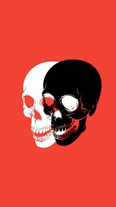 two skulls with red eyes and one black skull on the left side, against a red background