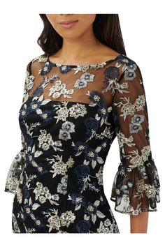 Our distinctly feminine sheath dress is blooming with a pretty mix of florals on a knit mesh overlay and is a perfect choice for a night out. Wea re loving the sheer illusion yoke, modern bateau neckline and elbow sleeves with bell cuffs. Flirty v-back. Finished with a back hook-and-eye/zip closure. A definite best dressed guest option at wedding receptions and black-tie galas. Cocktail Party Outfit, Leather Jacket Dress, Black Tie Gala, Guess Dress, Floral Shirt Dress, Review Dresses, Tshirt Skirt, Adrianna Papell, Nordstrom Dresses