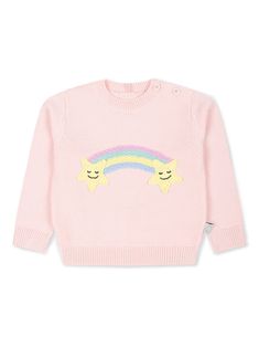 pink organic cotton knitted construction rainbow motif appliqué detail side button fastening crew neck long sleeves ribbed edge Sweater With Stars, Pull Rose, Teen Boy Outfits, Dress With Jean Jacket, Baby Boy Accessories, Gucci Kids, Dolce And Gabbana Kids, Kenzo Kids, Organic Materials