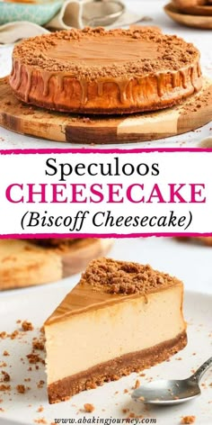 a piece of cheesecake on a white plate with a pink border around it and the words, speculos cheesecake biscoff cheesecake