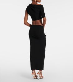 Le Haut Drapeado jersey crop top in black - Jacquemus | Mytheresa Evening Cropped Elastane Crop Top, Evening Cropped Elastane Top, Cropped Elastane Top For Evening, Evening Cropped Stretch Top, Evening Cropped Top, Evening Stretch Cropped Tops, Fitted Cropped Viscose Top, Fitted Elastane Crop Top For Night Out, Elegant Elastane Evening Crop Top