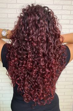 cabelos cacheados Red Color Curly Hair, Curly Hair Color Ideas Burgundy, Red Burgandy Hair Curly, Wine Curly Hair Color, Color Hair For Curly Hair, Mahogany Hair Color On Curly Hair, Wine Red Hair On Curly Hair, Long Curly Colored Hair, Brown Red Balayage Curly Hair