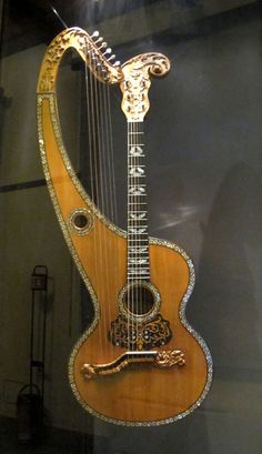 an elaborately designed musical instrument on display in a glass case, with the string and strings attached to it