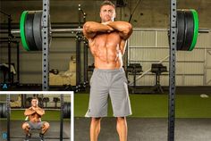 a man doing squats in front of a barbell with his hands behind his head