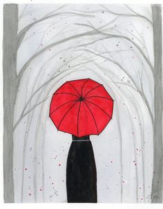 a drawing of a person standing in the snow with an open umbrella over their head