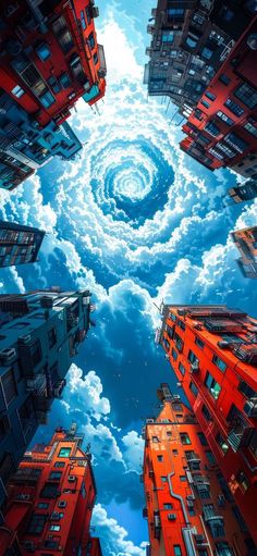 the sky is filled with clouds and tall buildings, as well as an image of a spiral