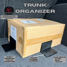 the trunk organizer box is open and has labels on it