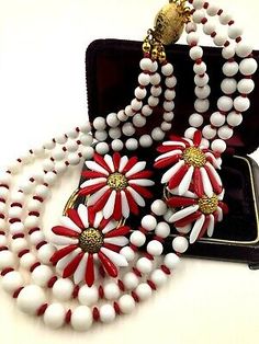 1950s Beaded Jewelry, Mid-century Handmade Formal Jewelry, Mid-century Handmade Wedding Jewelry, Antique Red Brooch Jewelry, Antique Red Brooch, Red Retro Brooch Jewelry, Retro Red Brooch Jewelry, Collectible White Jewelry, Handmade Mid-century Jewelry Gift